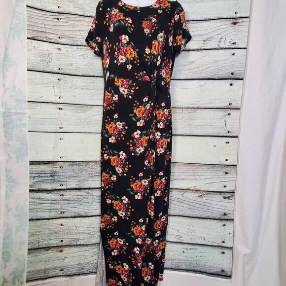 Maurices S Black Floral Maxi Dress Short Sleeve Stretch Slit Side - Picture 1 of 8